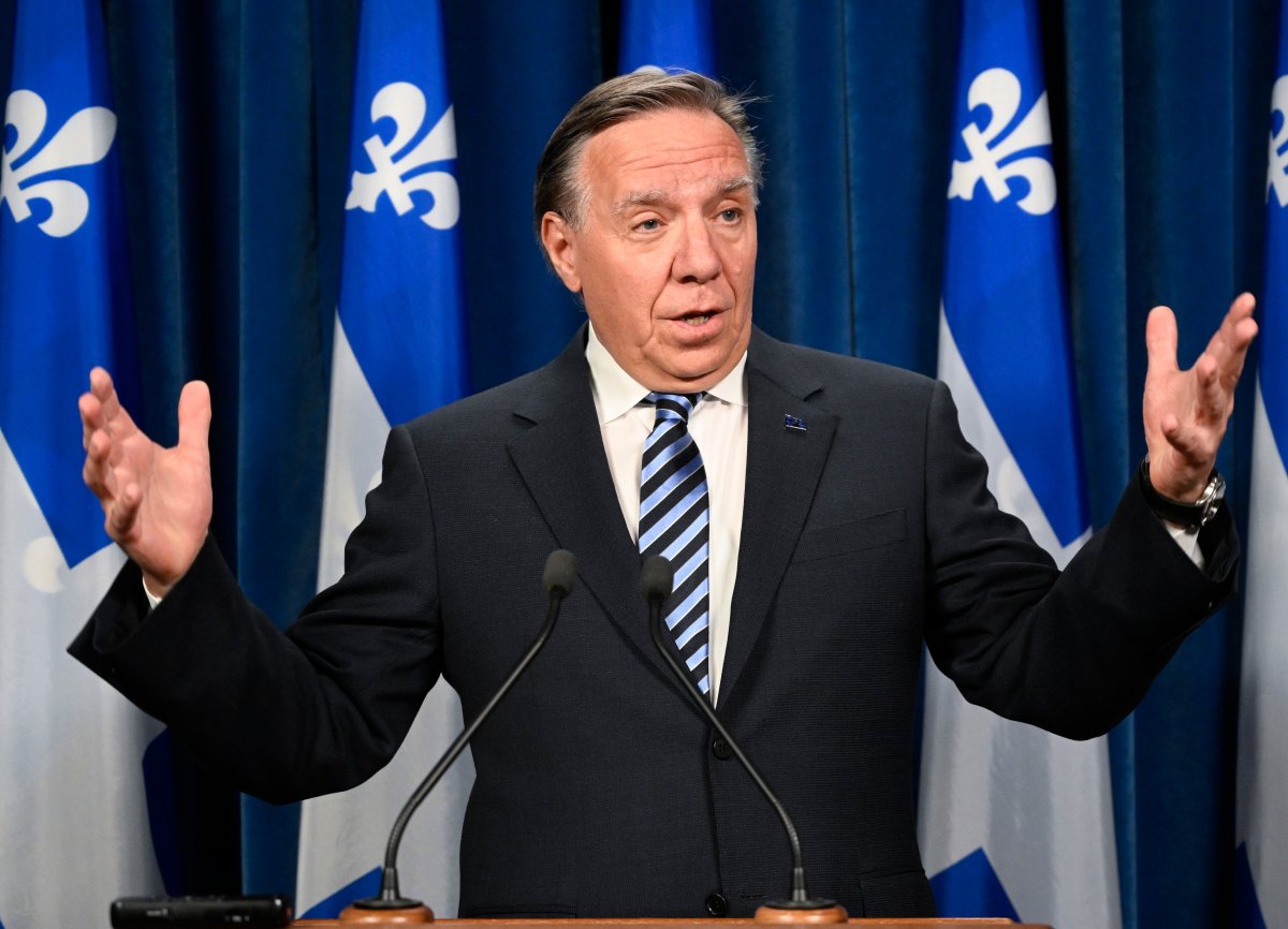 Quebec Premier Francois Legault responds to reporters questions at a news conference, Tuesday, May 23, 2023 at the legislature in Quebec City.