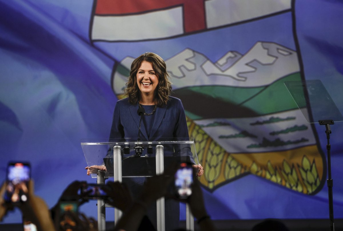 UCP Leader Danielle Smith makes her victory speech in Calgary on Monday May 29, 2023. Alberta's United Conservative Party rode a wave of rural support Monday to win a renewed majority in the provincial election _ but not before the NDP took a big bite out of its support.  THE CANADIAN PRESS/Jeff McIntosh.