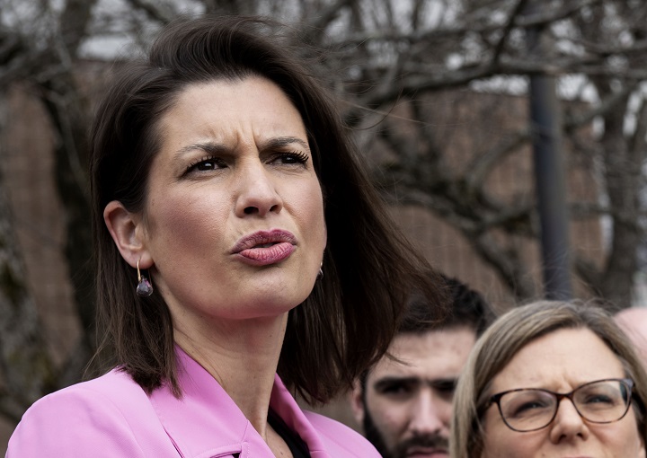 Quebec Deputy Premier and Transport Minister Geneviève Guilbault talks to media, Thursday, May 4, 2023 in Saint-Lazare-de-Bellechasse, Que. A bridge that provides the only road access to several communities on Quebec's north shore will reopen next weekend after being abruptly closed this week due to a crack. Guilbault says after the Transport Department performed safety checks, it has been determined the bridge can be reopened to light vehicles starting next weekend. 