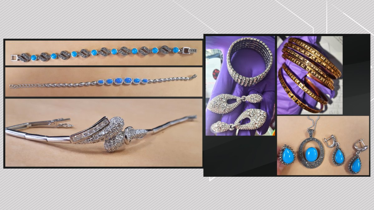 Some of the jewelry found when the Calgary Police Service executed search warrants on two Beddington Heights homes on April 18, 2023. Police hope to reunite the items to their owners.
