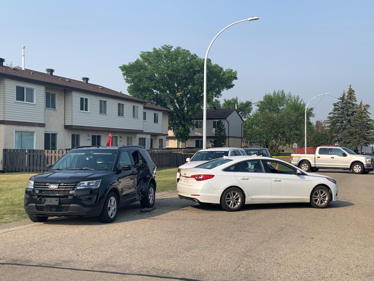 The scene of a collision between an Edmonton Police Service cruiser and a vehicle on 36B Avenue near Mill Woods Road on Monday, June 12, 2023.
