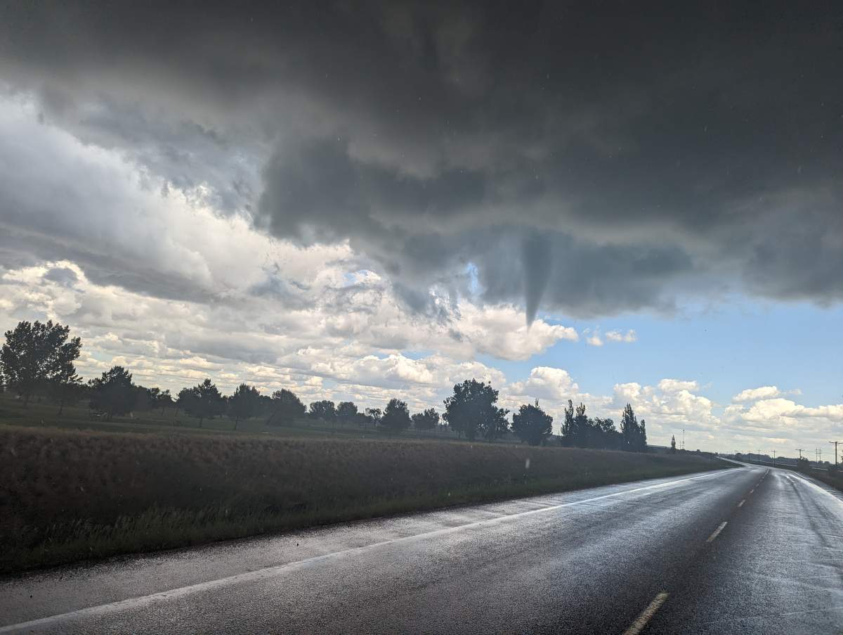 A funnel cloud east of Brooks, Alta. on Jun. 14, 2023. Environment and Climate Change Canada is investigating multiple tornadoes in southern Alberta.