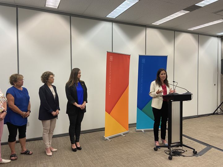 EPSB chair Trisha Estabrooks speaks to reporters on June 14, 2023.