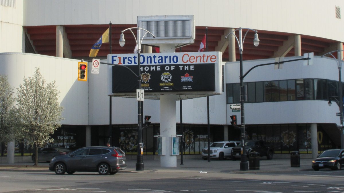 First Ontario Centre in downtown Hamilton, Ont. in April 2023. Hamilton has closed a deal with a partnership that will inject close to $280 million into a redevelopment of the city's aging downtown arena.