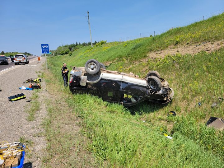 Police and paramedics on the scene of a collision in Caledon, Ont., on June 4, 2023.
