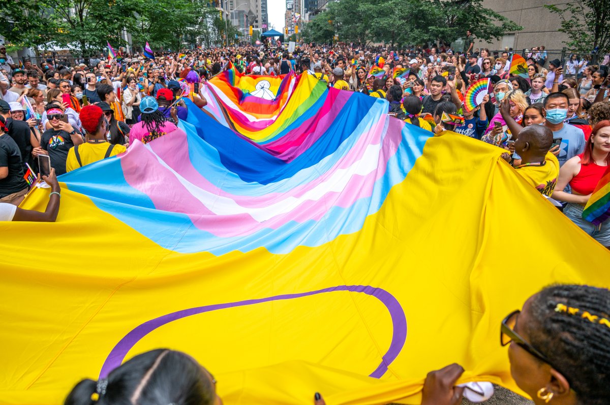 A crowd holds a massive flag in the street containing various LGBTQ2+ symbols, including the rainbow flag and the transgender flag.