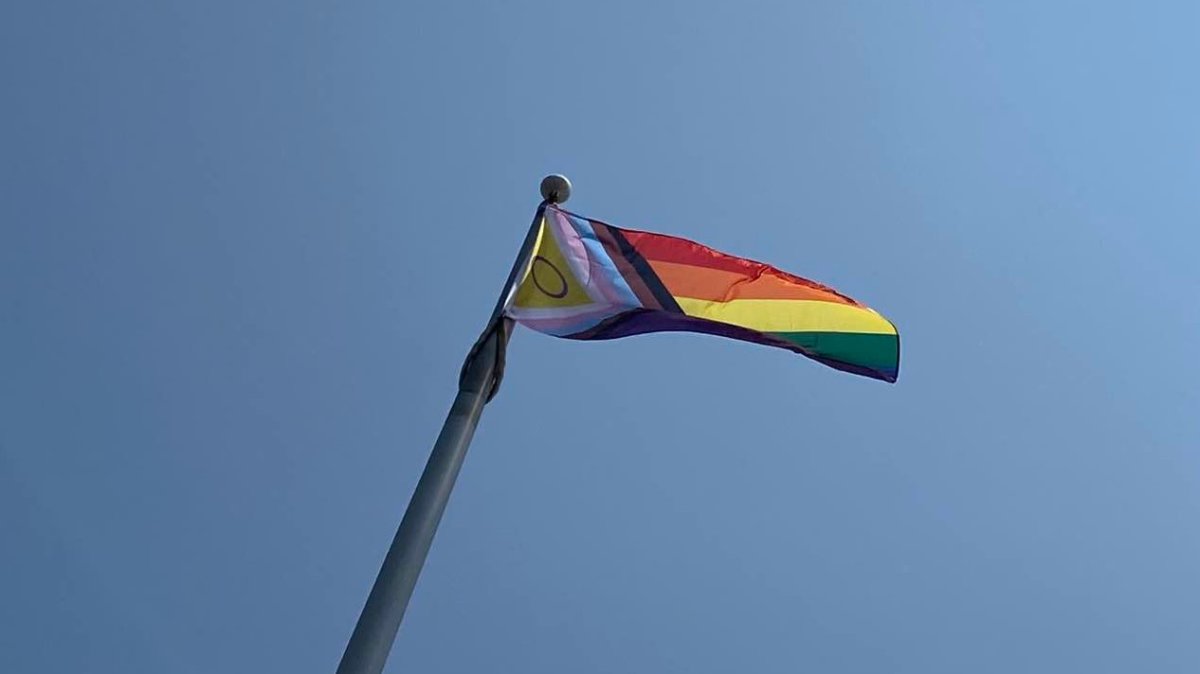 Photo of the Hamilton-Wentworth District School Board (HWDSB) Pride flag in front of its headquarters marking Pride month for June 2023.