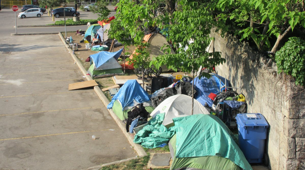 A picture from June 1, 2023 of the so-called 'Whitehern' encampment near city hall in Hamilton, Ont. 