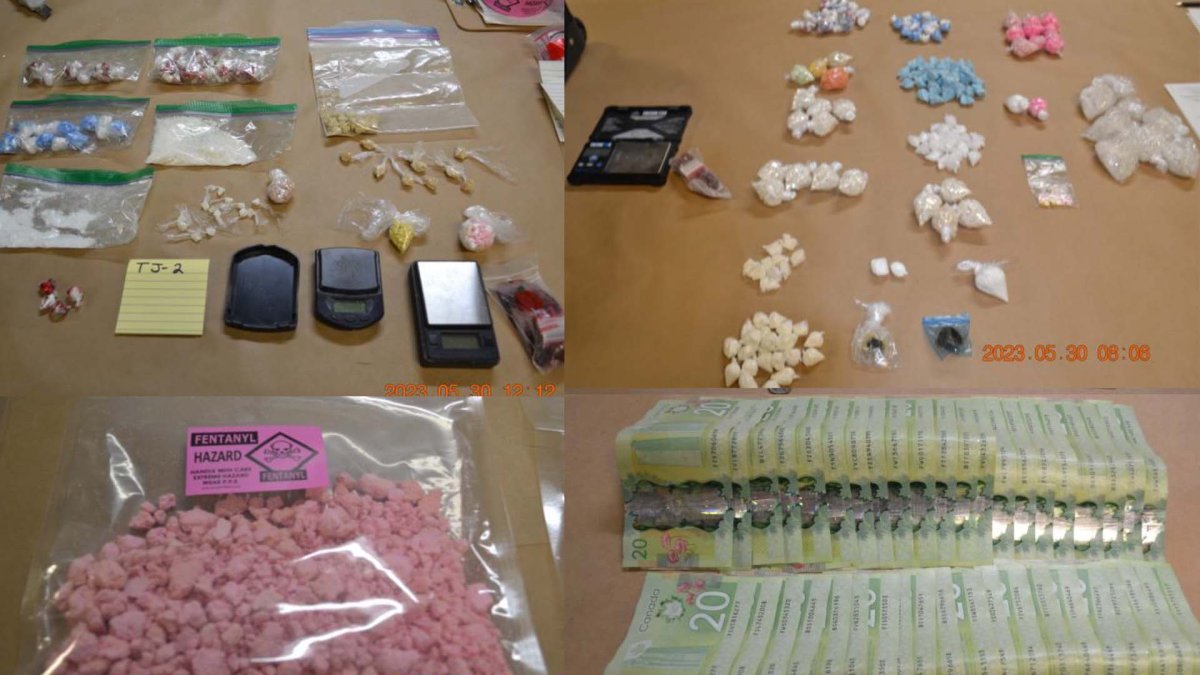 A photo of the drugs and cash seized by Kelowna RCMP on May 23, 2023.