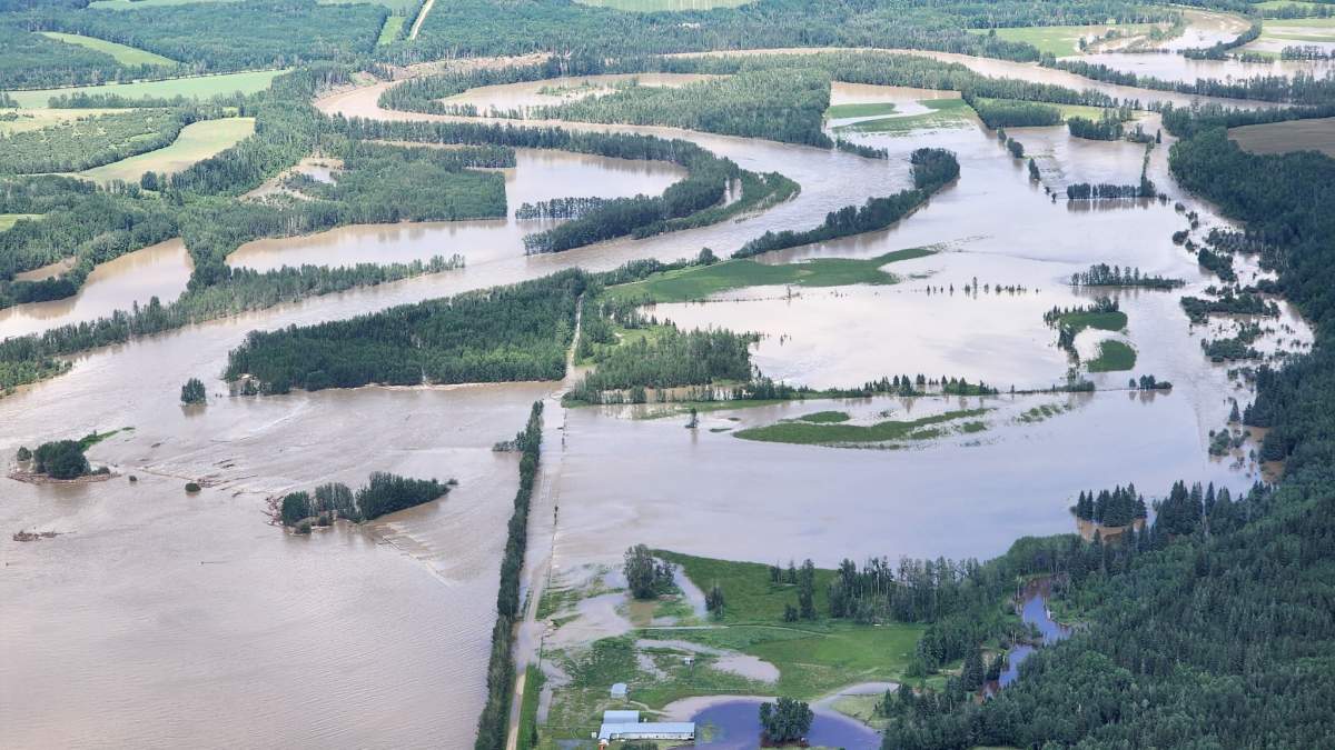 The flooded McLeod River in Yellowhead County, Alberta on Wednesday, June 21, 2023.