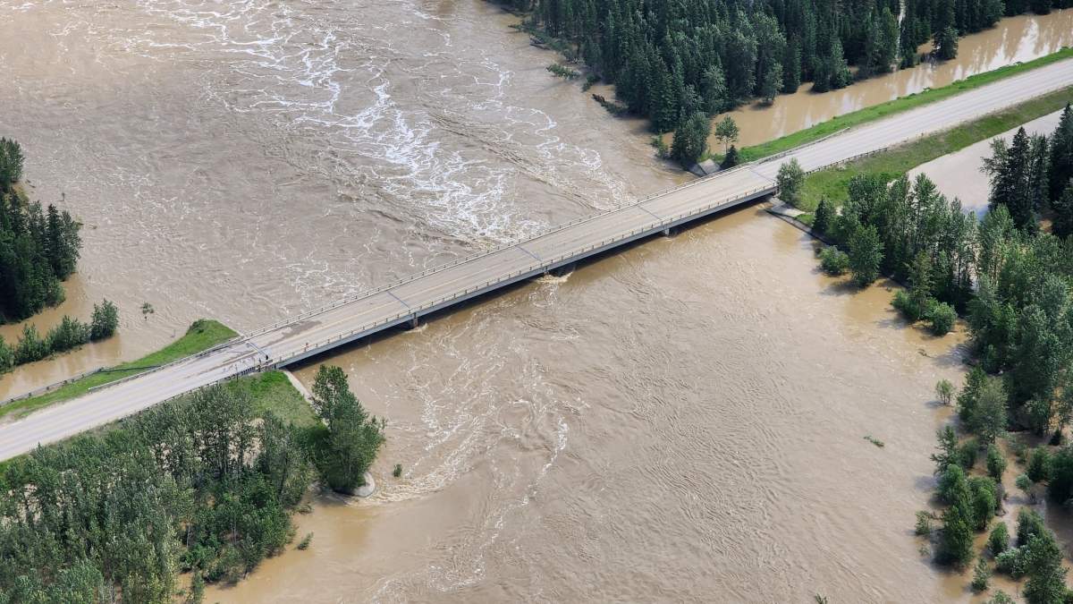 The flooded McLeod River at Highway 32 in Yellowhead County, Alberta on Wednesday, June 21, 2023.