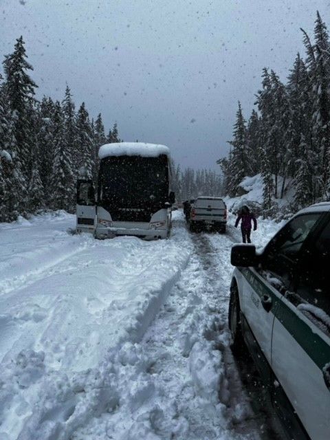 A tour bus got stuck on Maligne Lake Road in Jasper National Park on Monday, June 19, 2023.