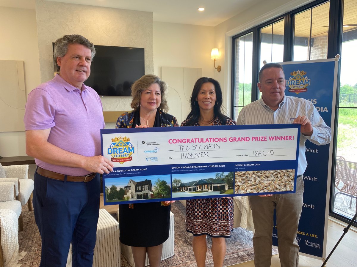 From left to right: LHSF president and CEO John MacFarlane, SJHCF president and CEO Michelle Campbell, LHSF board chair Twee Brown and CHF president and CEO Scott Fortnum on June 22, 2023.