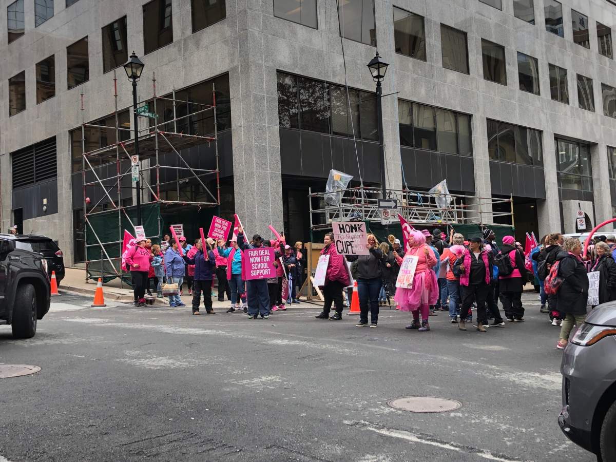 Demonstrators gathered outside Province House in downtown Halifax.