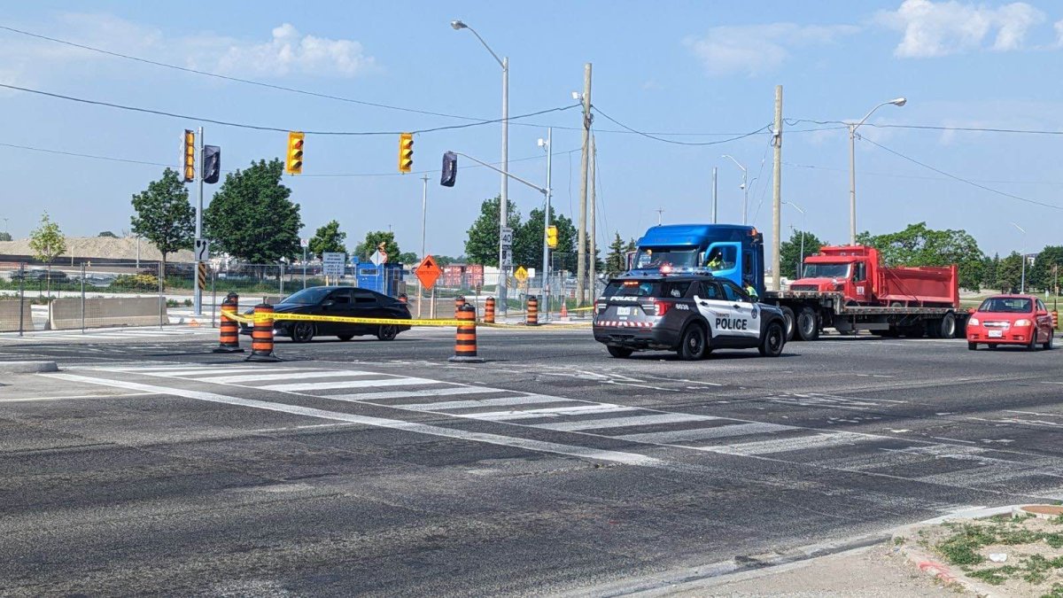 Police at the scene following a pedestrian collision involving a truck in Etobicoke on June 1,2023.