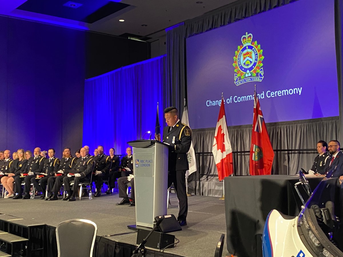 London Police Chief Thai Truong speaking after the formal change of command at RBC Place on June 26, 2023.