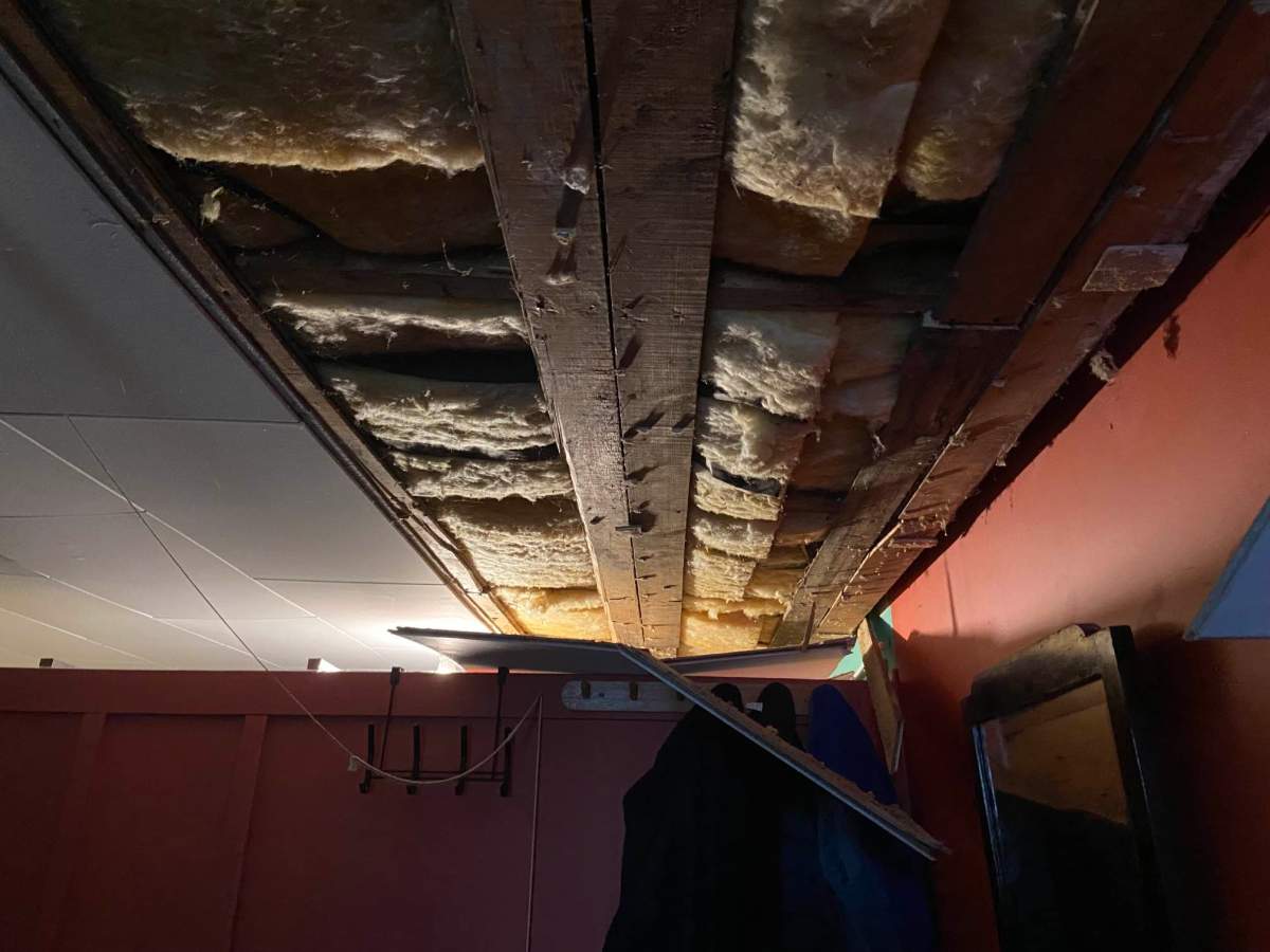 A storm caused ceiling tiles to collapse at this cabin in Ma-Me-O Beach on Pigeon Lake in central Alberta on Wednesday, June 14, 2023.