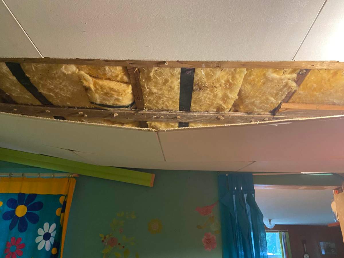 A storm caused ceiling tiles to collapse at this cabin in Ma-Me-O Beach on Pigeon Lake in central Alberta on Wednesday, June 14, 2023.