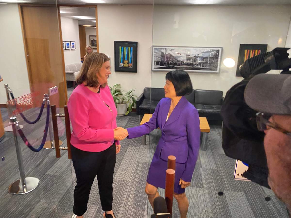 Toronto’s deputy mayor Jennifer McKelvie (left) meets with mayor-elect Olivia Chow (right)