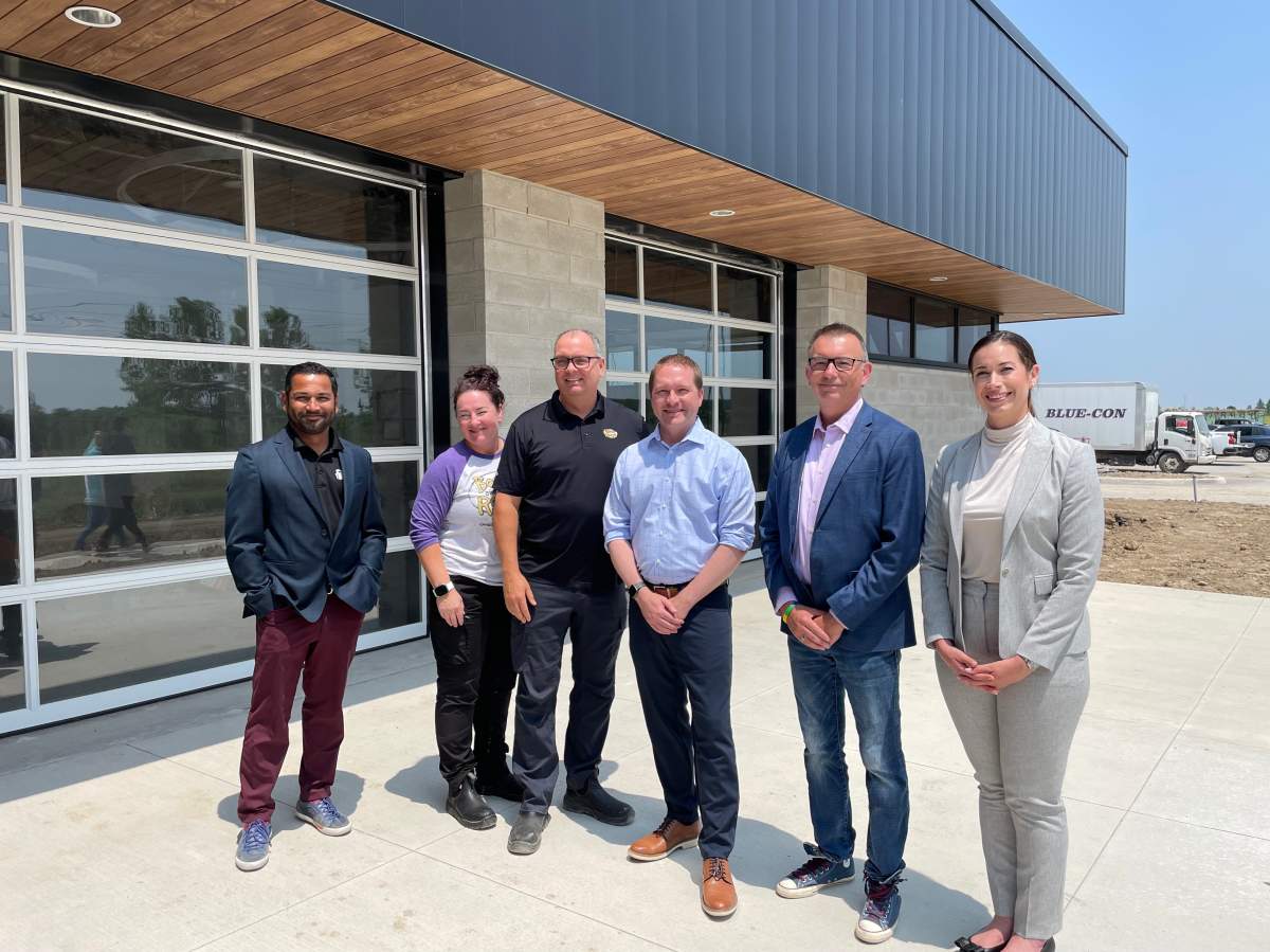 Left to right, Kapil Lakhotia, president and CEO of the London Economic Development Corporation, Michelle Crook, Jaymie Crook, owner and president of Bosco and Roxy’s Gourmet Dog Cookies, London Mayor Josh Morgan, deputy mayor Shawn Lewis and Stephanie Marentette, the vice chair of the London Transit Commission at Innovation Park on June 20, 2023.