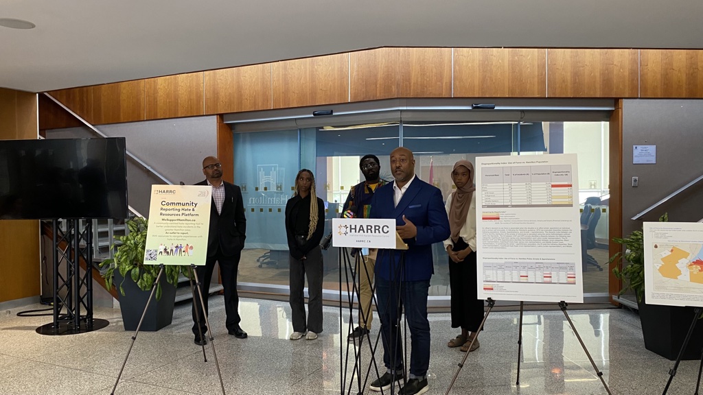 Anti-racism advocates gathered at city hall on June 22, 2023 to suggest more action needs to be taken in response to a "gross over-representation" of Black people in last year's report on use-of-force incidents from Hamilton police.