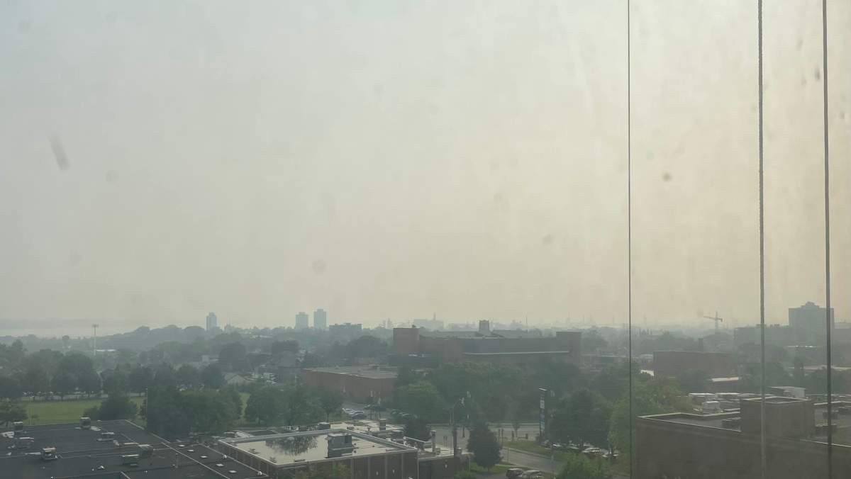A photo looking over Hamilton's north end during a high-risk air quality health index on June 28, 2023.