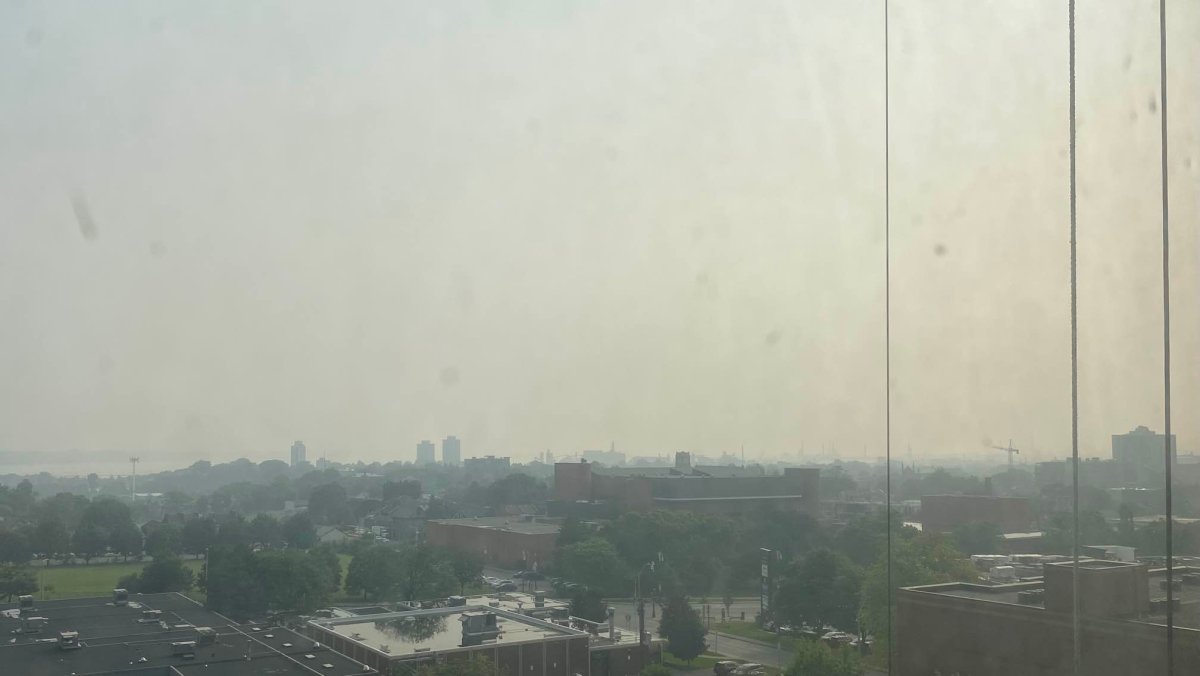A photo looking over Hamilton's north end during a high-risk air quality health index on June 28, 2023.