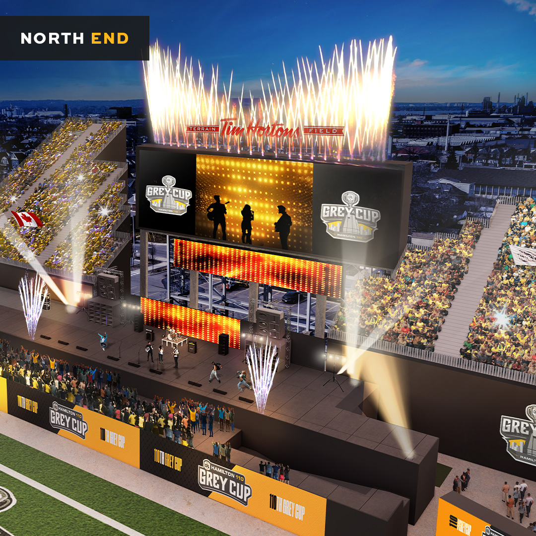 A rendering of the North End of Tim Horton’s Field featuring the primary stage for Grey Cup entertainment.