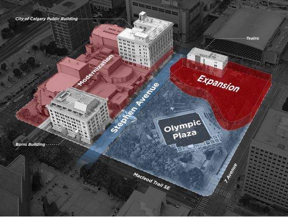 An overview depicting the three subject projects around Calgary's Olympic Plaza.