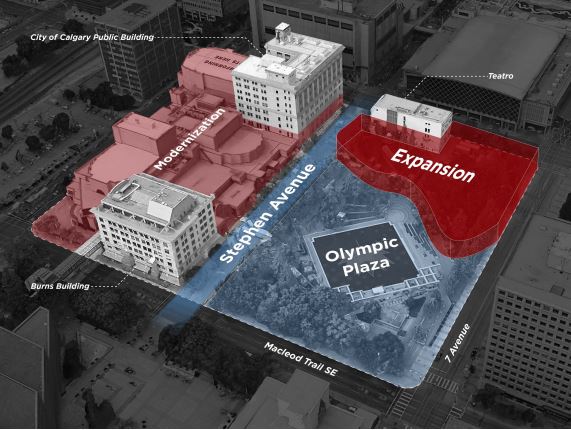 An overview depicting the three subject projects around Calgary’s Olympic Plaza.