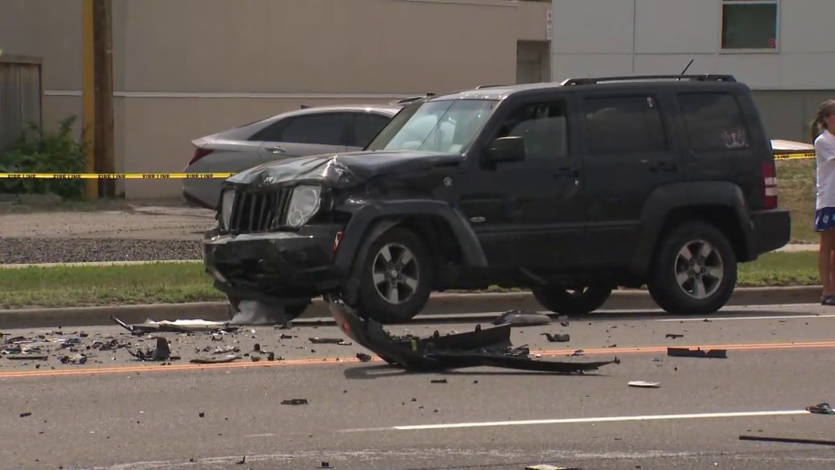 An SUV is pictured with damage to its front, after a fatal collision in Calgary's Parkdale neighbourhood on June 9, 2023.