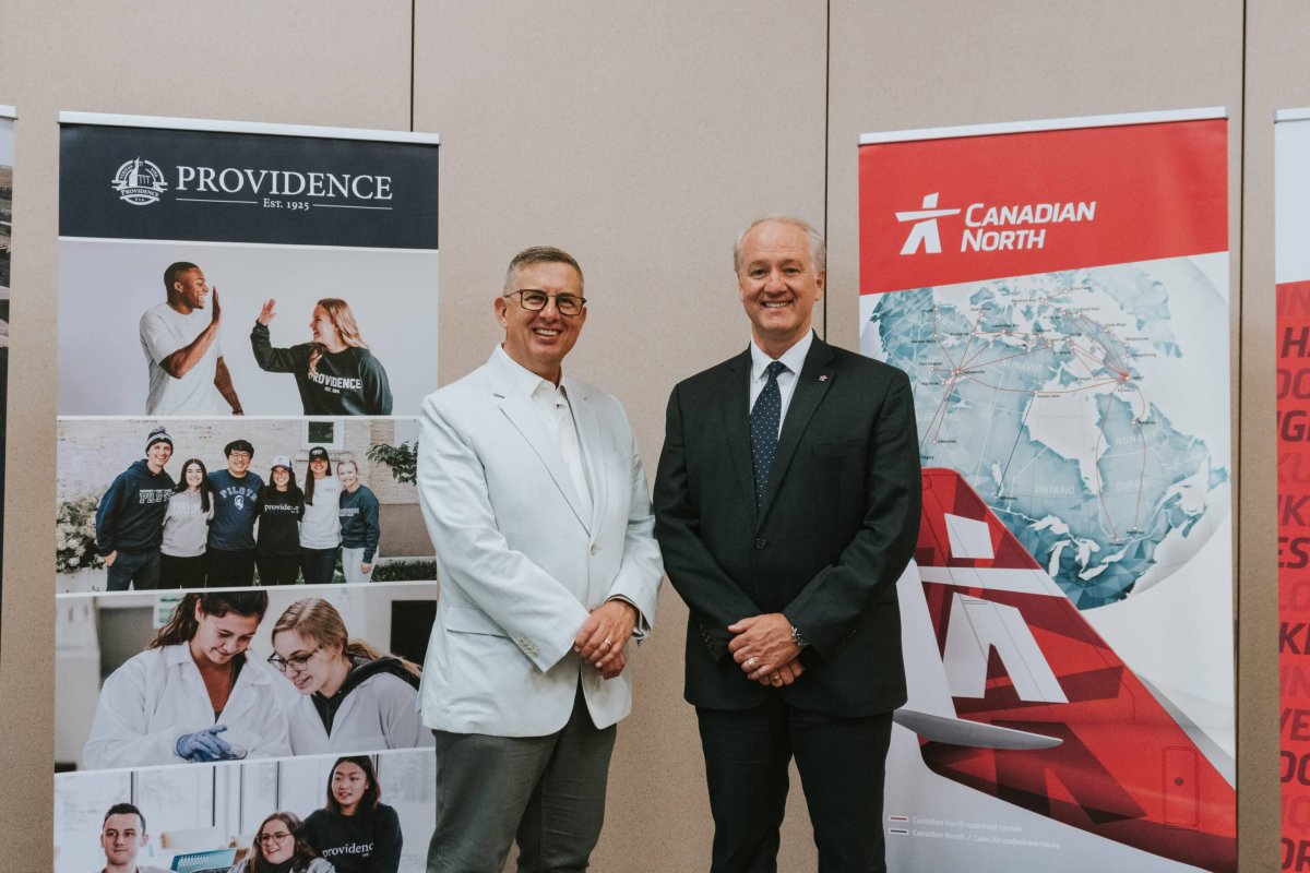 Providence President Kent Anderson (left) and Michael Rodyniuk, President & CEO of Canadian North Airlines, announced a partnership to train and employ inuit pilots.