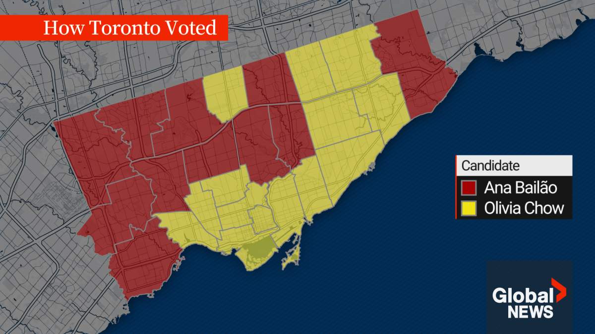 A map showing Toronto’s 25 wards and how residents voted on Monday night between the front-runners Olivia Chow (yellow) and Ana Bailao (red).