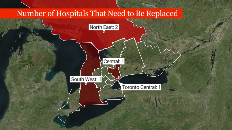 A map shows where the hospitals in Ontario that need to be replaced are located.