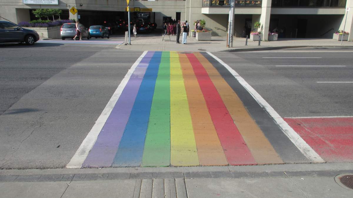 Hamilton’s rainbow crosswalk on Main Street east and Summers Lane will be a fixture through Pride month in June 2023.
