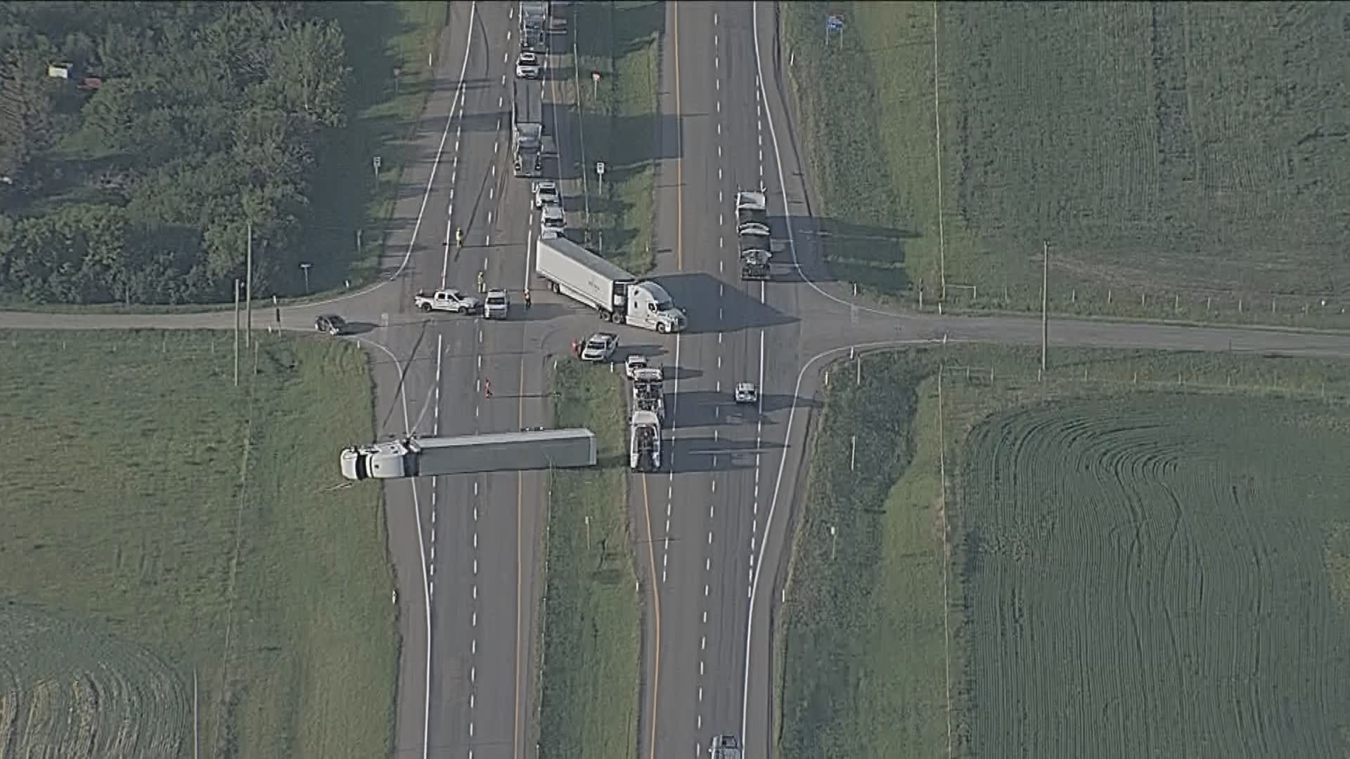 Rolled over semi-truck on Highway 2 causes delays: High River