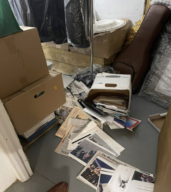 A photo included in a U.S. Department of Justice indictment allegedly taken by Walt Nauta, a then-aide to former U.S. president Donald Trump, shows spilled materials on the floor of a storage room at Trump's Mar-a-Lago resort, including what prosecutors say is a classified document meant only for Five Eyes intelligence agencies. The photo is presented as evidence against Trump and his alleged mishandling and withholding of classified materials after he left the White House in 2021.