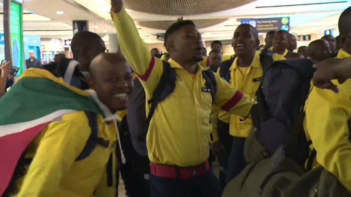 Crews are from Working on Fire, a government-funded organization in South Africa, arrive at the Edmonton International Airport on Thursday, June 15, 2023.