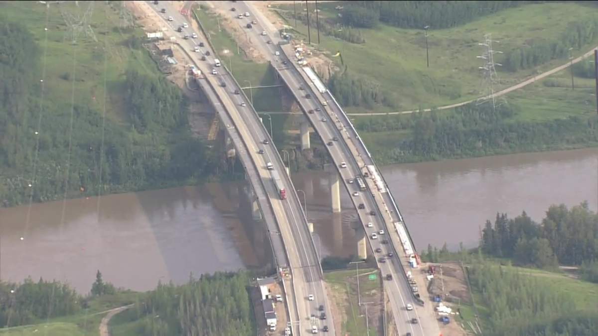 The southwest Anthony Henday Drive bridges over the North Saskatchewan River as seen from the Global 1 news helicopter on Friday, June 23, 2023.