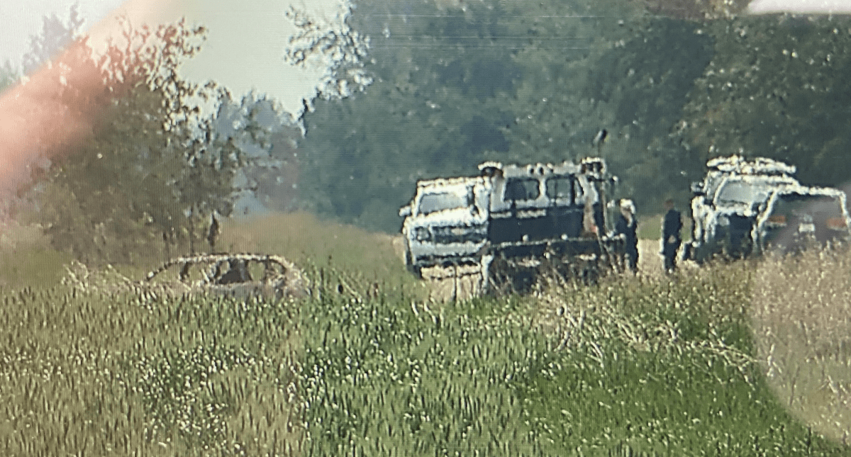 A burnt-out vehicle near Range Road 230 and Township Road 554 north of Fort Saskatchewan in Sturgeon County on Tuesday, June 27, 2023.