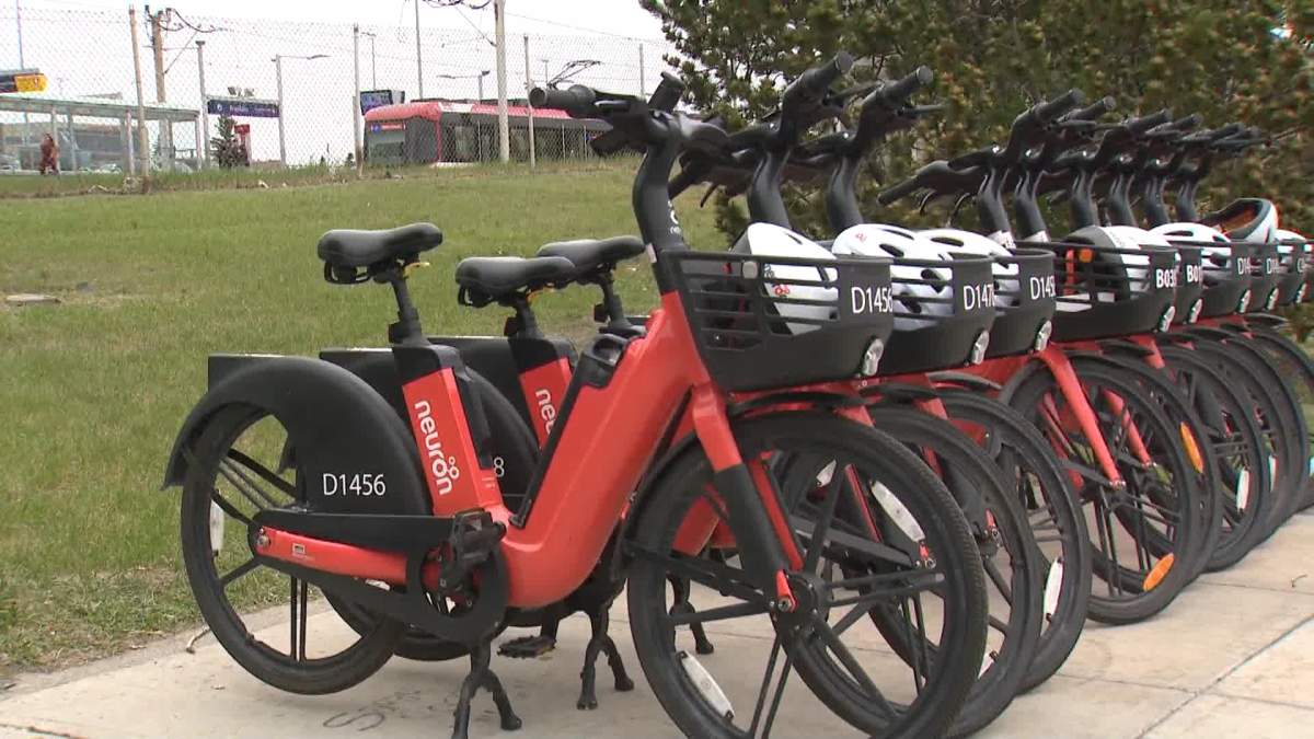 Neuron e-bikes sit outside Calgary's Franklin LRT station on June 1, 2023. The City of Calgary launched a pilot program with Neuron and Bird Canada to gauge the demand for e-bike in more suburban areas.