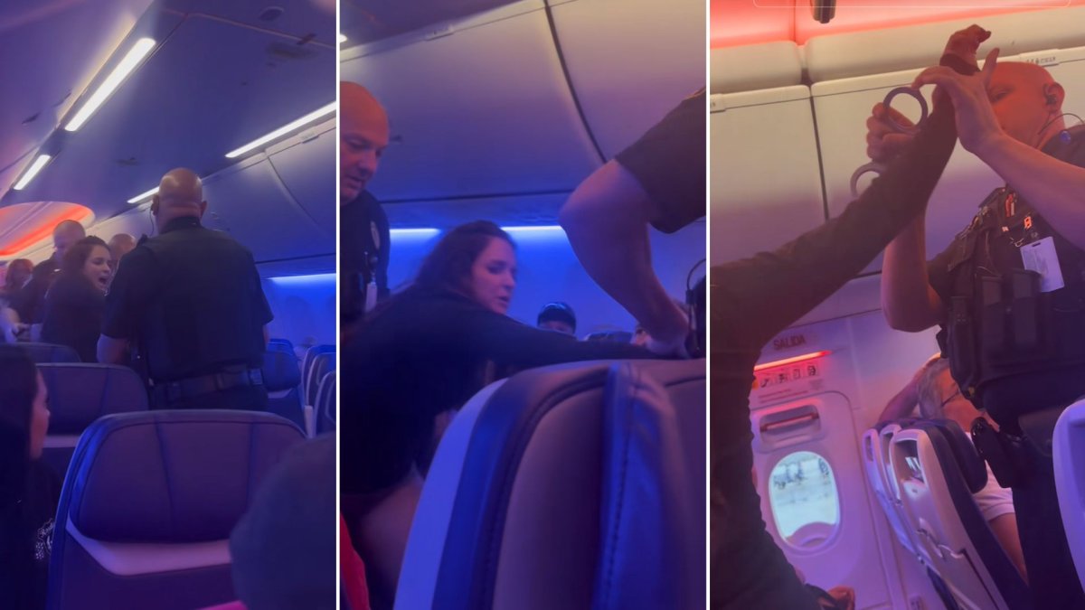 A split photo. On the left, Kamaryn Gibson is being pulled from her plane seat by police. In the middle, police pull her down the plane's aisle. On the right Gibson is being handcuffed.