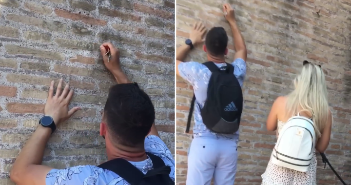 Cerca il turista catturato dal video che incide nomi sul muro del Colosseo: patriottico