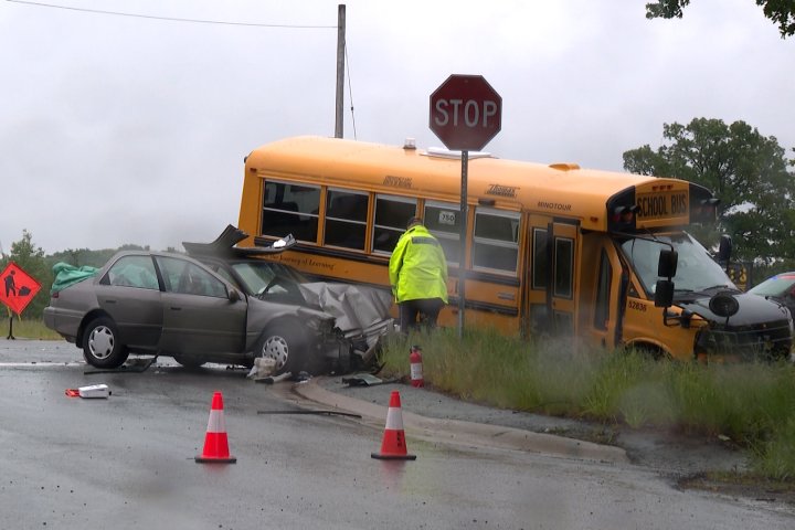 Drivers sent to hospital in Kingston after car collides with school bus
