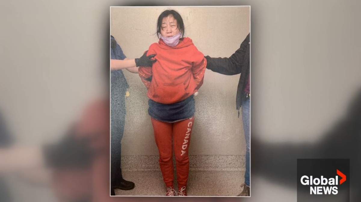 Catherine Shen seen being detained after attempting to kill a rival in a B.C. courtroom.