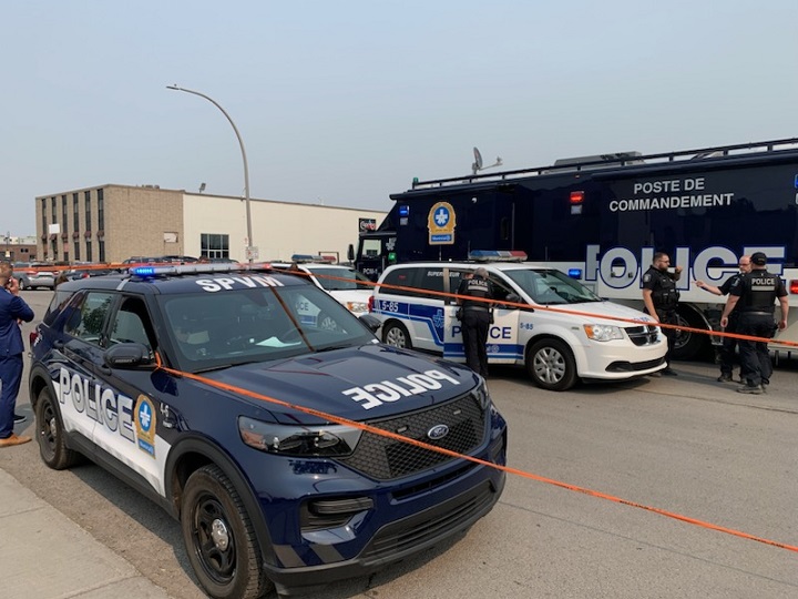 A command post was set up at the scene of a fatal shooting in Dorval on Monday, June 5, 2023. 
