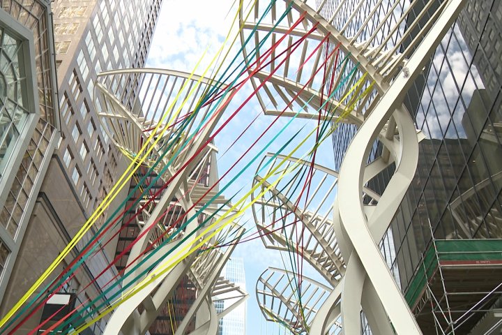 Stephen Avenue’s ‘trees’ adorned with kilometres of colourful, weather-resistant strapping
