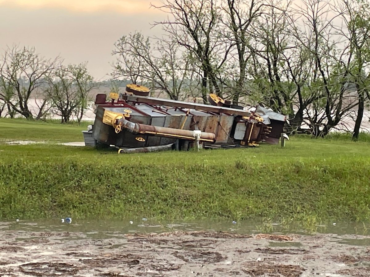 Some damaged farm equipment in the Oak River, Man., area.