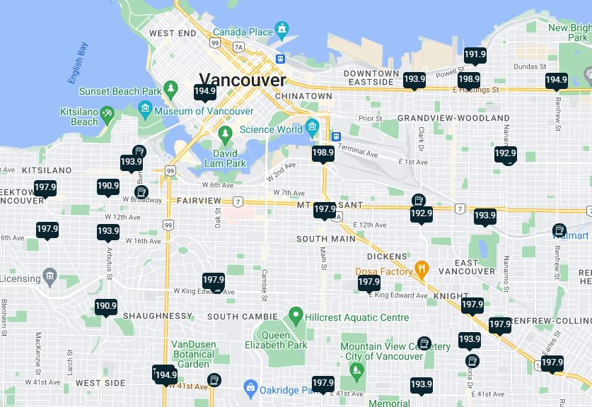 A map of gas station prices around Vancouver as of 12 p.m. Thursday.