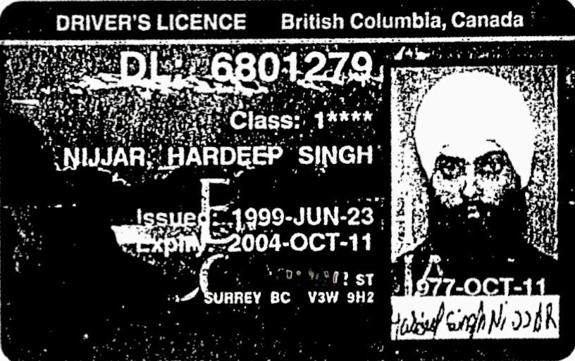 B.C. driver's license of Hardeep Singh Nijjar, from his immigration file.